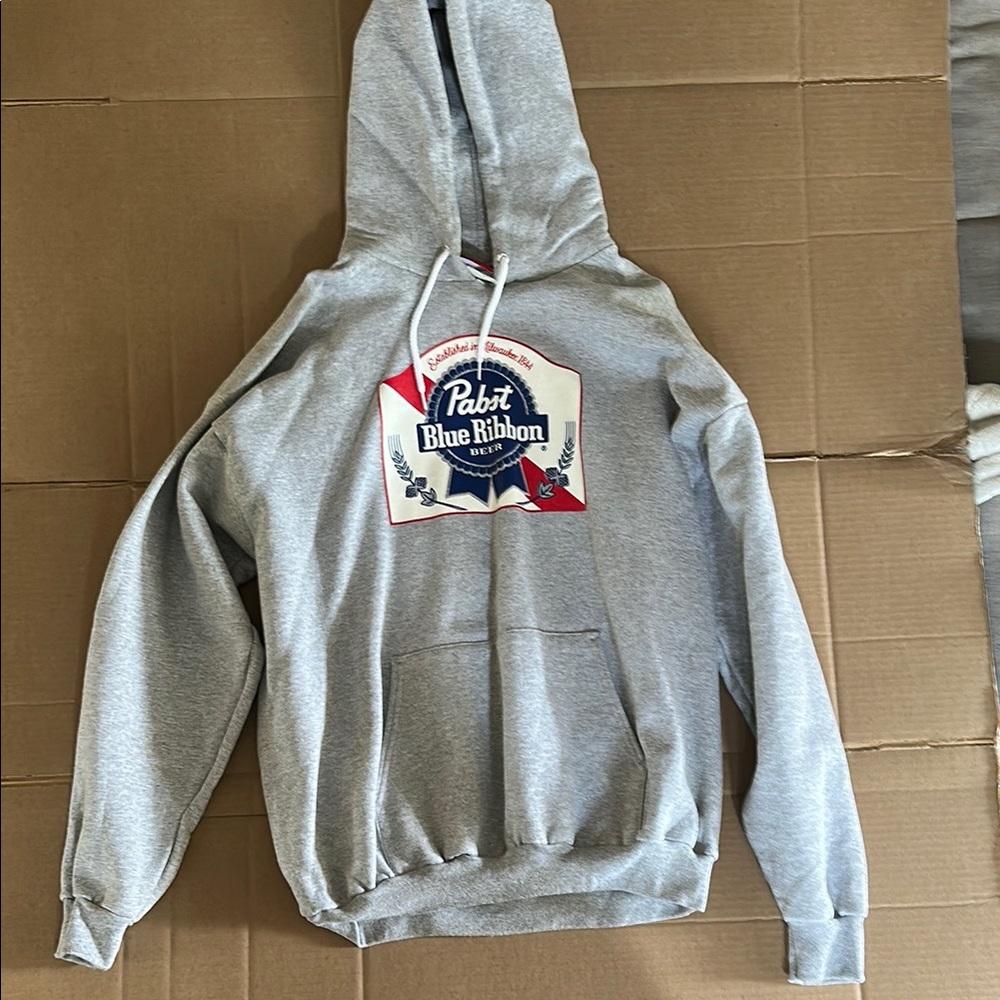 Champion Gray Hoodie with Pabst Blue Ribbon beer logo